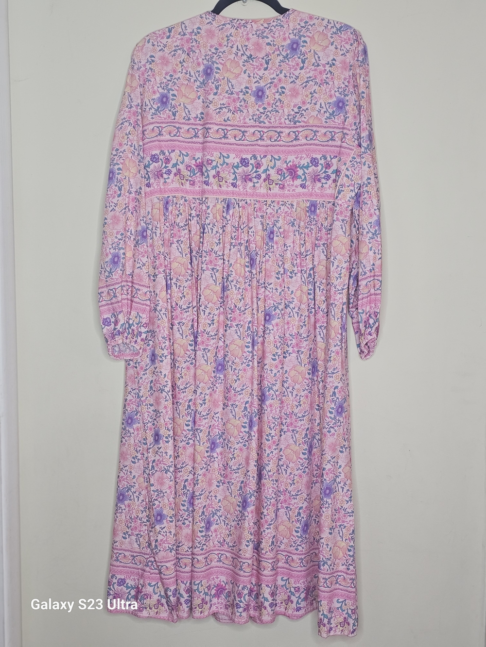 R Vivimos Pink Floral Boho Long-Sleeve Midi Dress with Tie Front - Picture 3 of 6